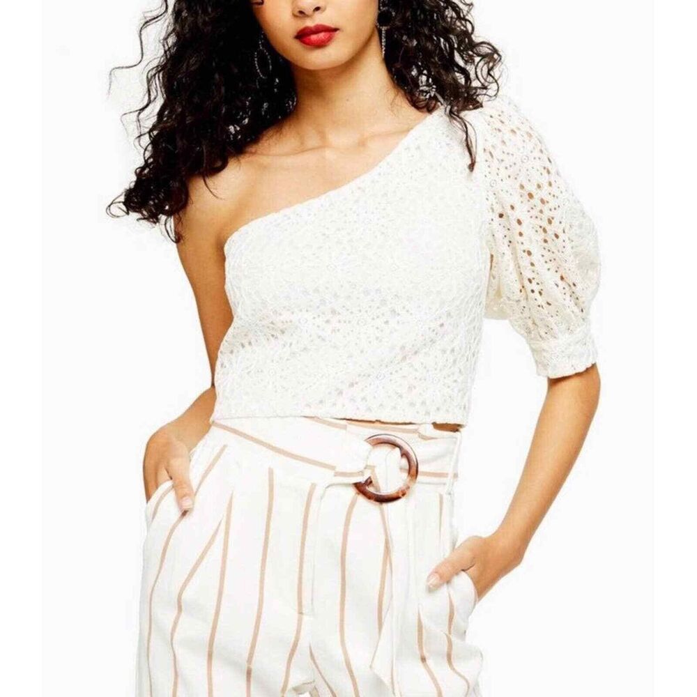 Topshop Women's Cream Lace One Shoulder Puff Sleeve Crop Top Size 8 MSRP $68